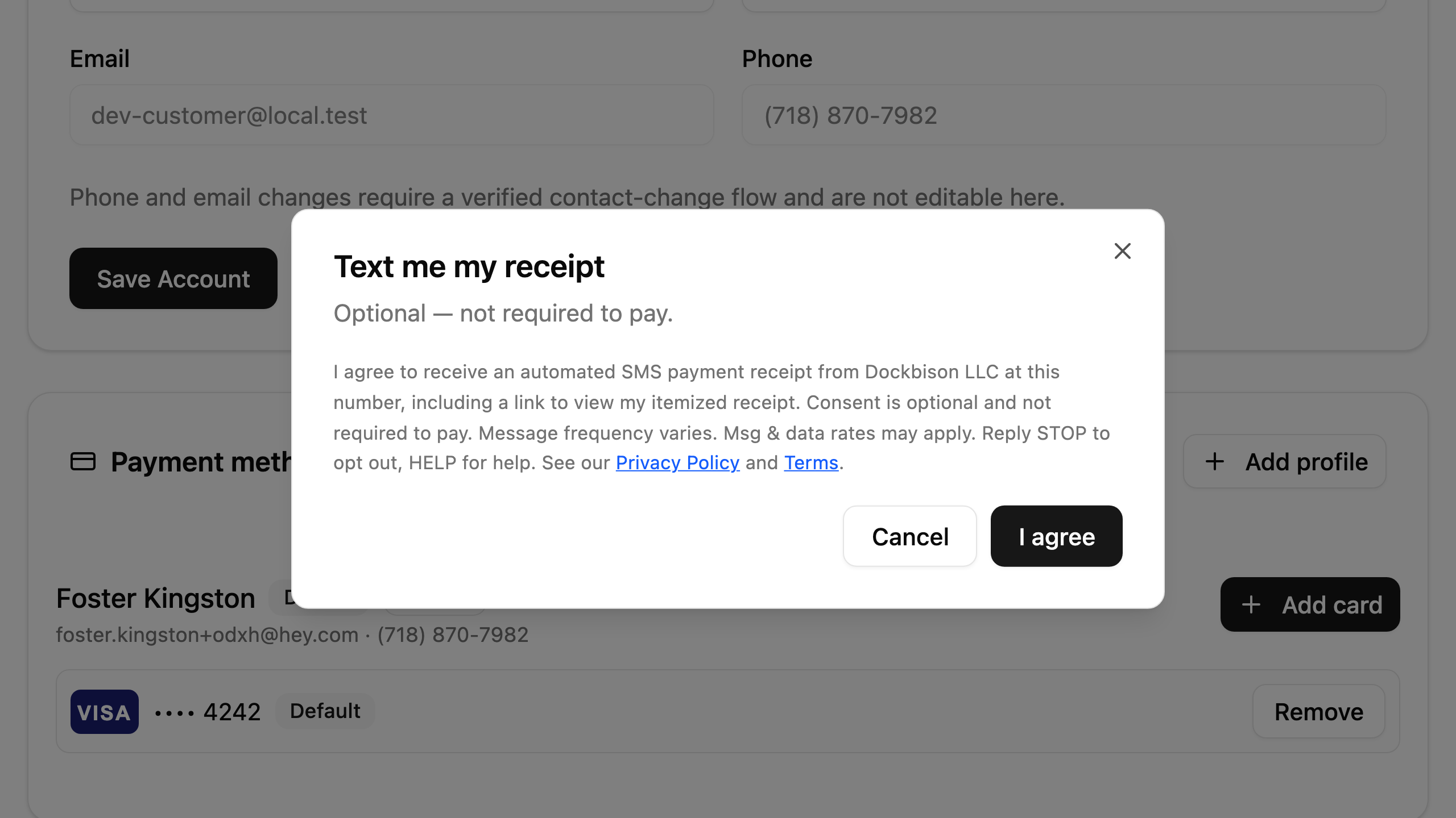 Dockbison confirmation dialog presenting the full SMS receipt disclosure before consent is recorded, with I agree and Cancel buttons.