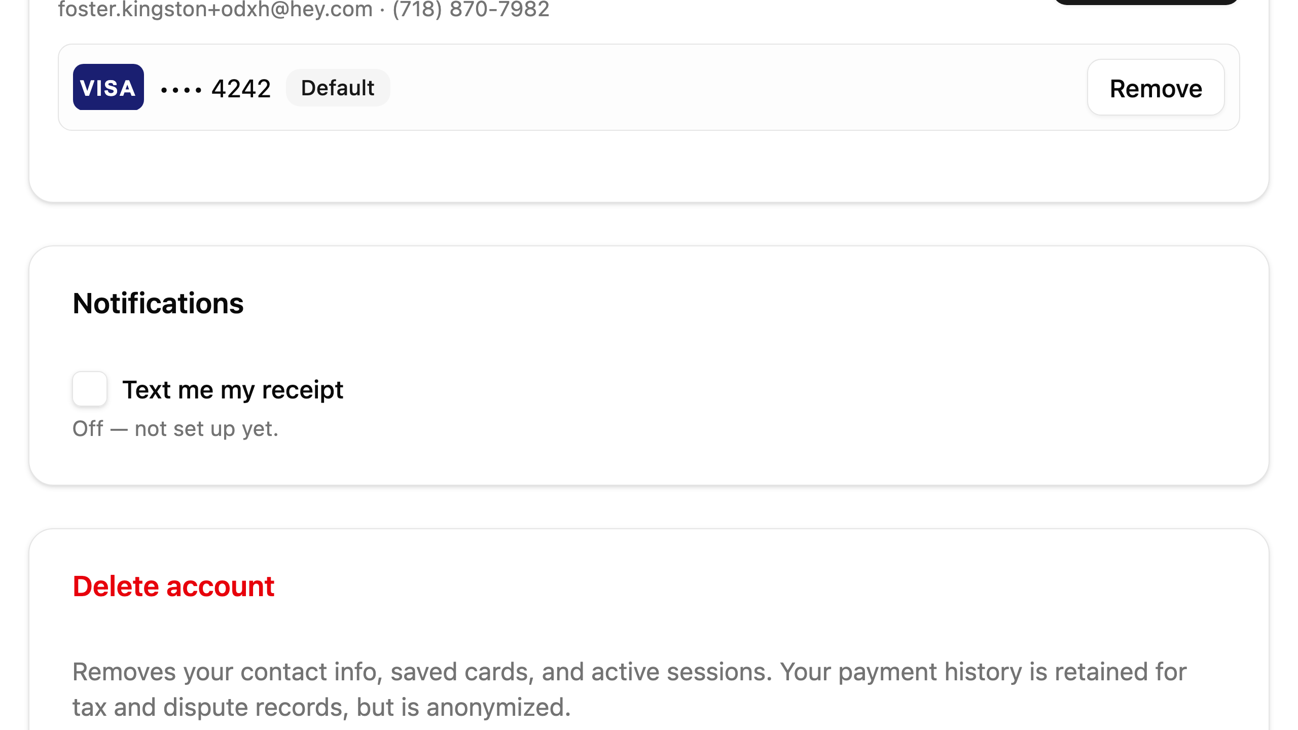 Dockbison account Notifications settings showing the optional 'Text me my receipt' SMS consent checkbox in its default unchecked state.